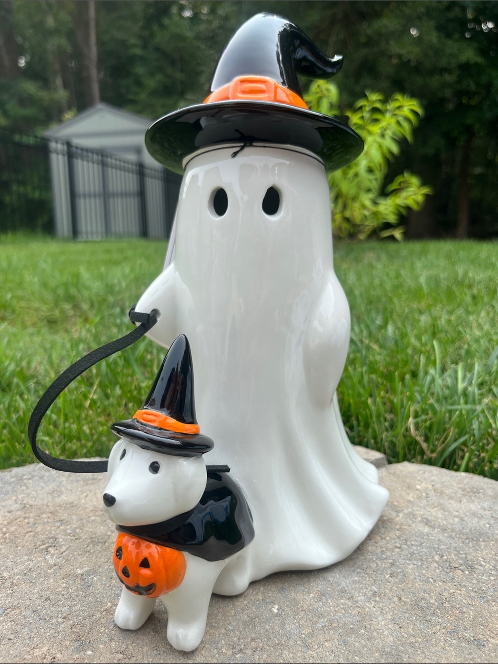 Ceramic Ghost with Dog Trick-or-Treat Pumpkin - White, Black & Orange 12” by 12”